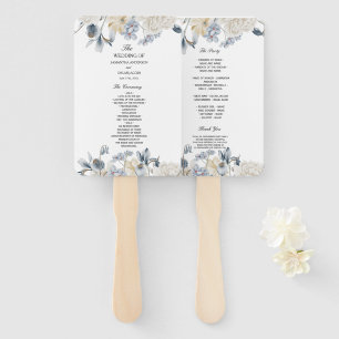 Elegant Winter Blue And White Flowers Hand Fan