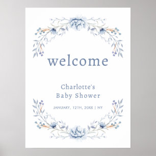 Elegant Winter Blue Floral Baby Shower Welcome Poster