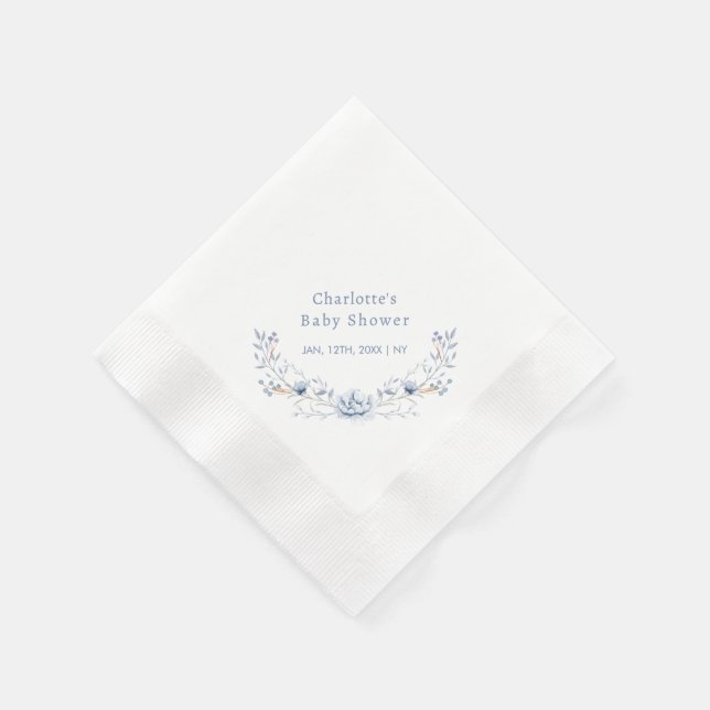 Elegant Winter Blue Floral Wreath Baby Shower Napkin (Corner)