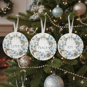 Elegant Winter Blue Floral Wreath PEACE Watercolor Ornament