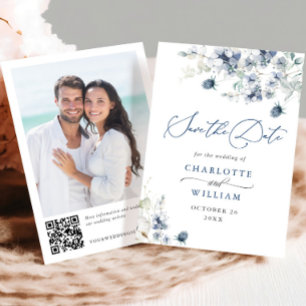 Elegant Winter Blue Foliage Boho Wedding QR code Save The Date