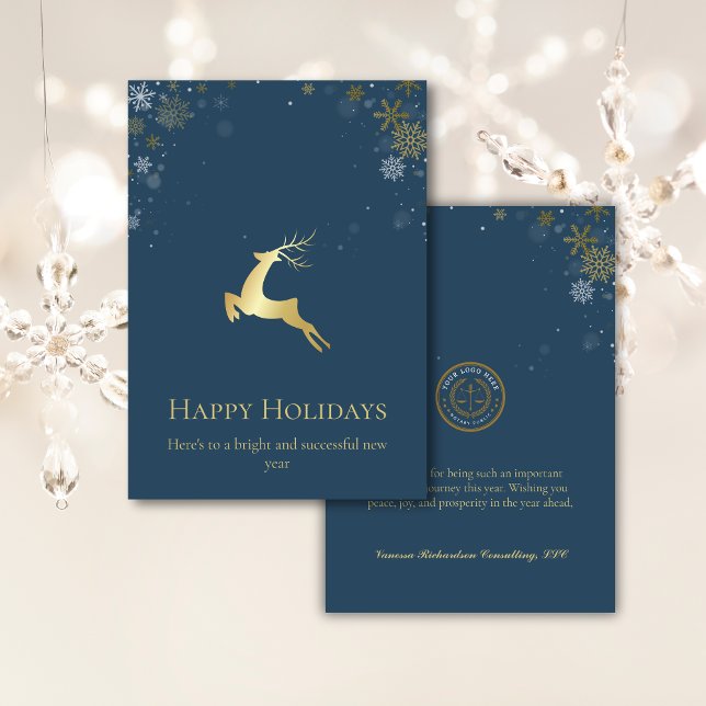 Elegant Winter Blue Gold Deer Business Logo  Holiday Card (Creator Uploaded)