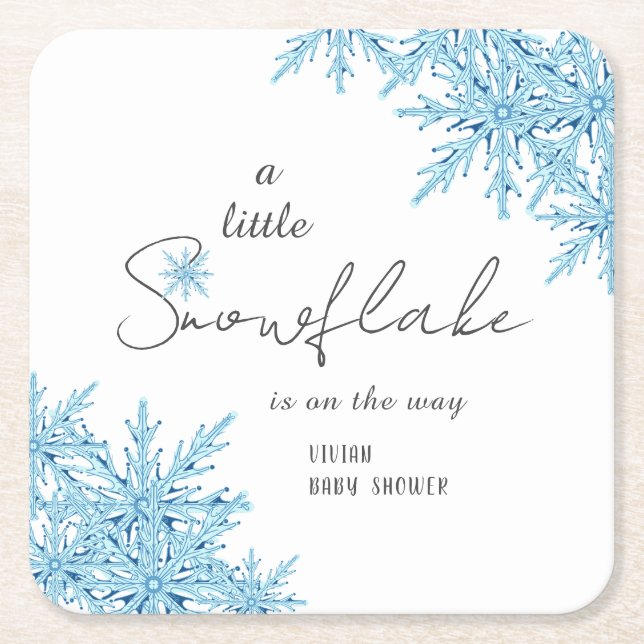 Elegant Winter Blue Little Snowflake Baby Shower Square Paper Coaster (Front)