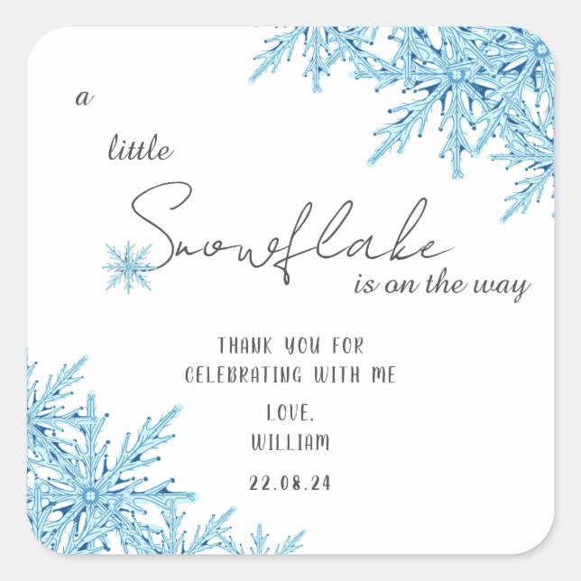 Elegant Winter Blue Little Snowflake Baby Shower Square Sticker (Front)
