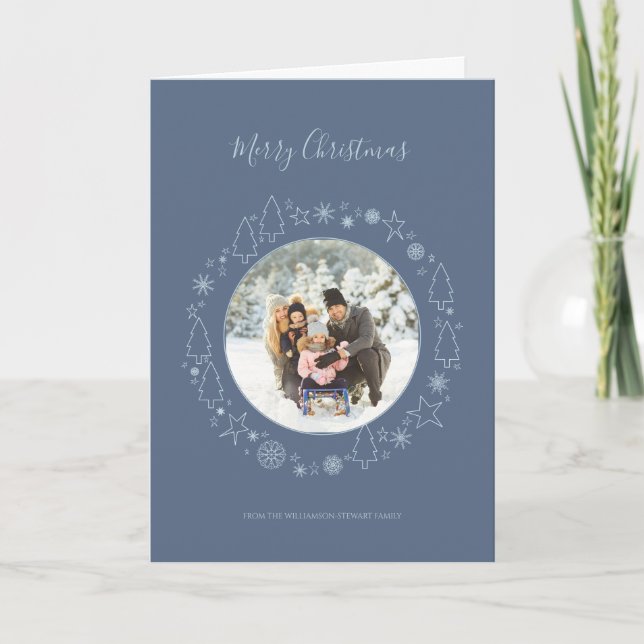 Elegant Winter blue Photo Wreath  Holiday Card (Front)
