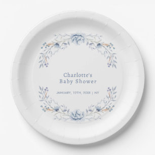 Elegant Winter Blue Wilflower Floral Baby Shower  Paper Plate