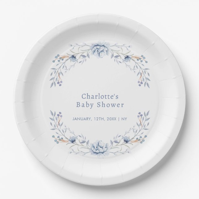 Elegant Winter Blue Wilflower Floral Baby Shower  Paper Plate (Front)