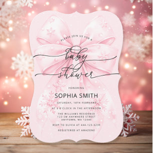 Elegant Winter Blush Pink Bow Girl Baby Shower Invitation