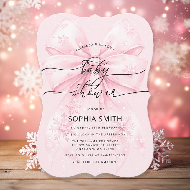 Elegant Winter Blush Pink Bow Girl Baby Shower Invitation (Creator Uploaded)