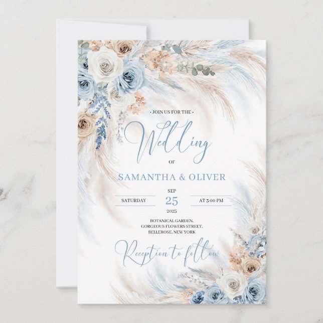 Elegant winter boho dusty blue and ivory floral invitation (Front)