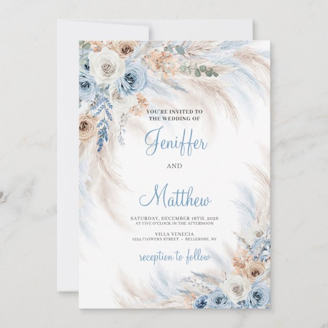 Elegant winter boho dusty blue ivory floral pampas invitation (Front)