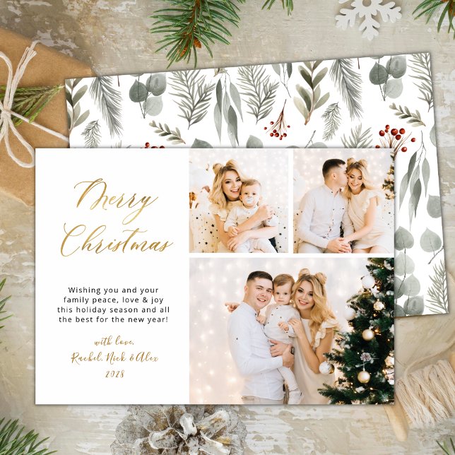 Elegant Winter Botanical 3 Multi Photo Christmas Holiday Card (Creator Uploaded)