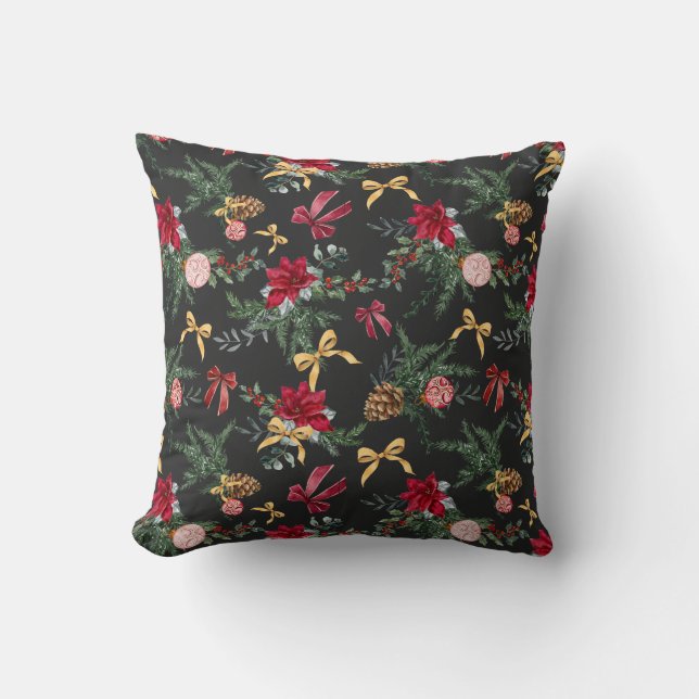 Elegant Winter Botanical Greenery and Bow Pattern Cushion (Front)