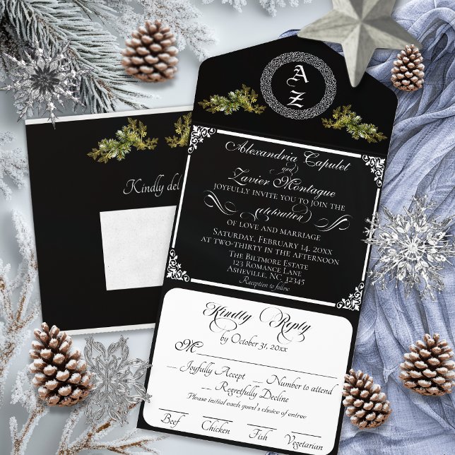 Elegant Winter Botanical Monogram - Black All In One Invitation (Creator Uploaded)