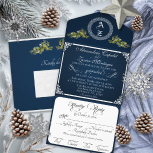 Elegant Winter Botanical Monogram - Blue All In One Invitation