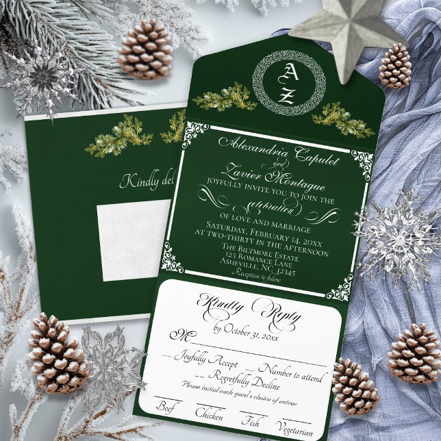 Elegant Winter Botanical Monogram - Emerald All In One Invitation (Creator Uploaded)