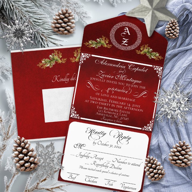 Elegant Winter Botanical Monogram - Red All In One Invitation (Creator Uploaded)