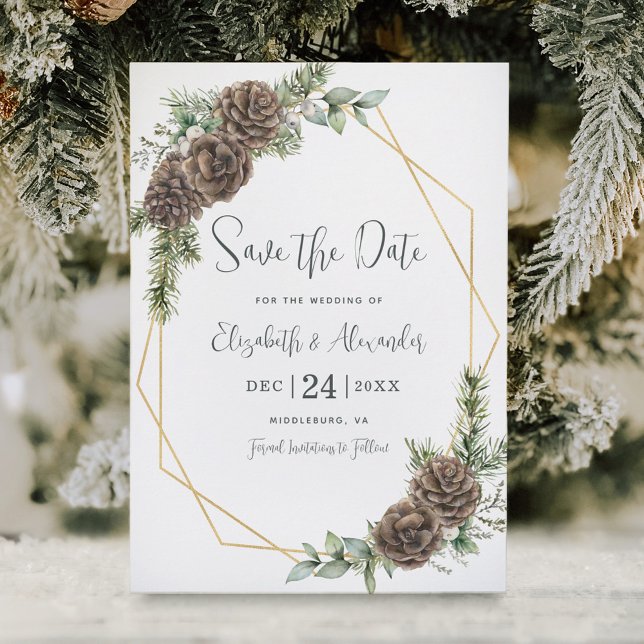 Elegant Winter Botanical Pine Wedding Save The Date (Creator Uploaded)