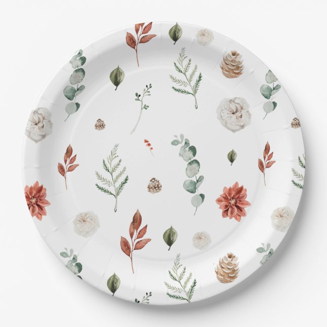 Elegant Winter Botanical Red Floral Bridal Shower Paper Plate (Front)