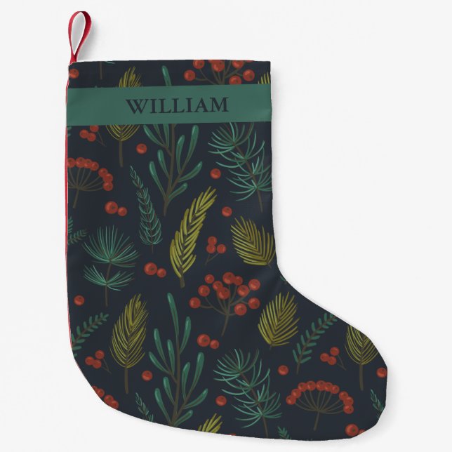 Elegant Winter Botanical With Name Small Christmas Stocking (Front)
