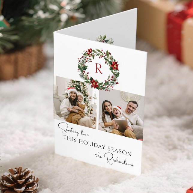 Elegant Winter Botanical Wreath w/Monogram 2-Photo Holiday Card (Creator Uploaded)
