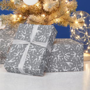Elegant Winter Botanicals Grey & White Mistletoe Wrapping Paper