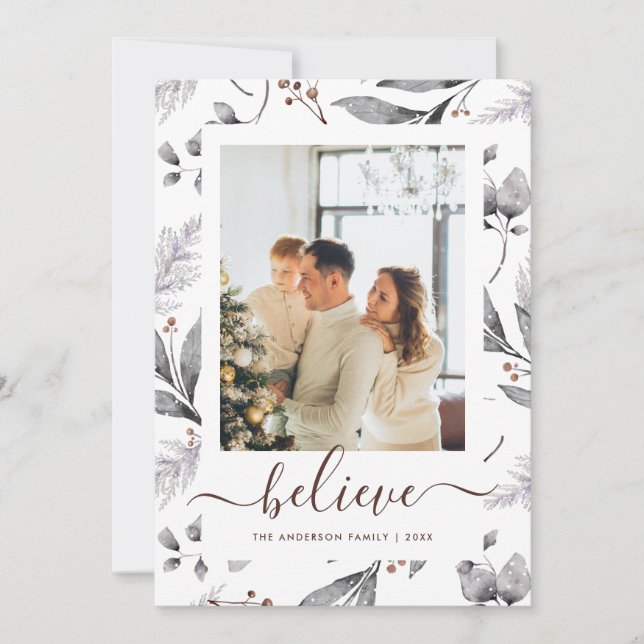 Elegant Winter Botanicals Photo Believe Christmas Holiday Card (Front)