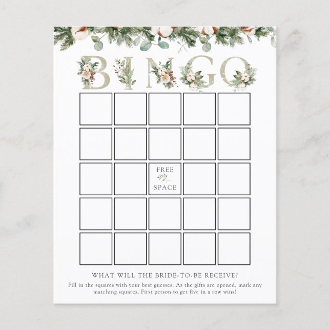 Elegant Winter Bridal Shower Bingo Game Card (Front)