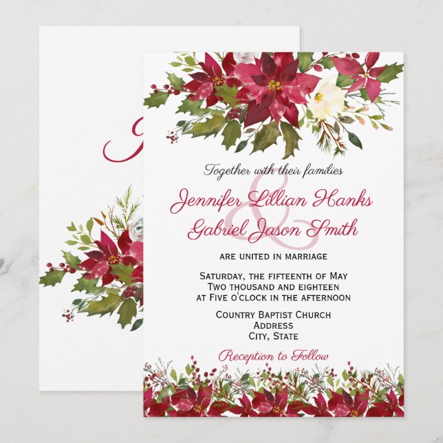 Elegant Winter Burgundy Poinsettia floral wedding Invitation (Front/Back)