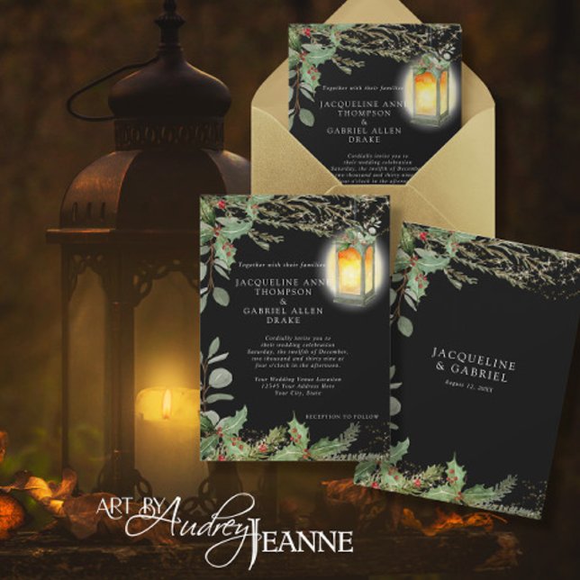 Elegant Winter Christmas Lantern Black Wedding Invitation (Creator Uploaded)