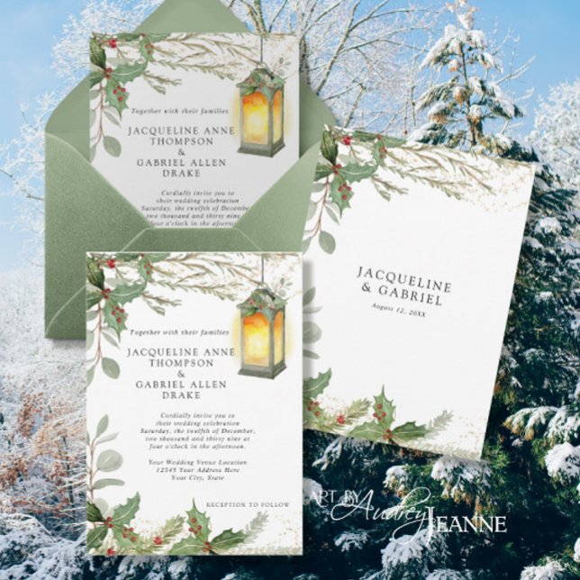 Elegant Winter Christmas Lantern Red Holly Wedding Invitation (Creator Uploaded)