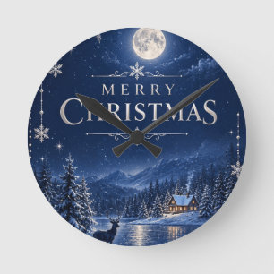 Elegant Winter Christmas, Midnight Navy Snowy  Round Clock