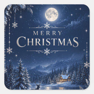 Elegant Winter Christmas, Midnight Navy Snowy Square Sticker
