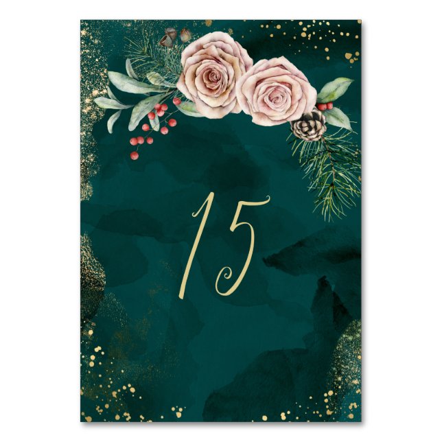 Elegant Winter Christmas Pink Roses Dark Green Table Number (Front)