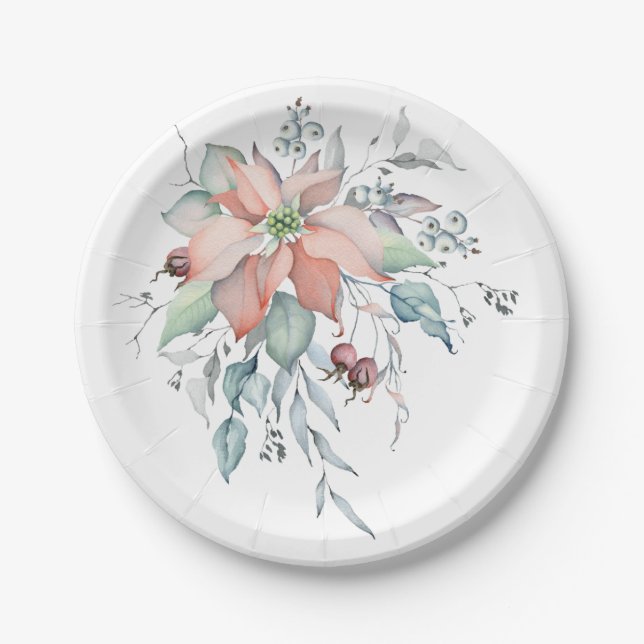 Elegant Winter Christmas Watercolor Bouquet Paper Plate (Front)