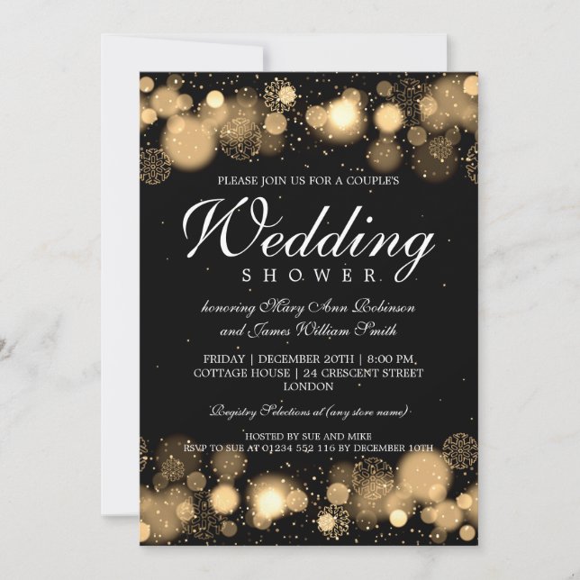 Elegant Winter Couples Shower Gold Lights Invitation (Front)