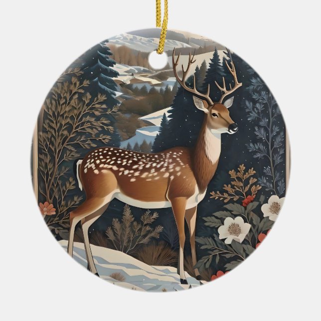 Elegant Winter Deer Nature Design Ceramic Tree Decoration (Front)