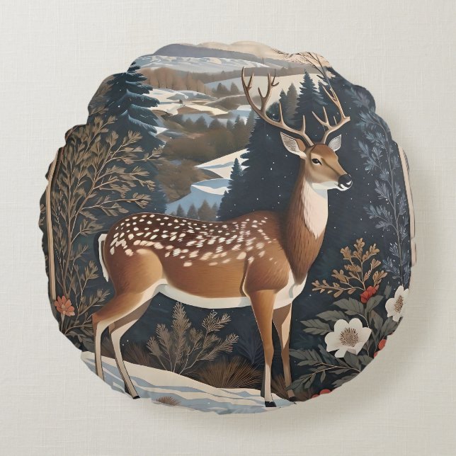 Elegant Winter Deer Nature Design Round Cushion (Front)