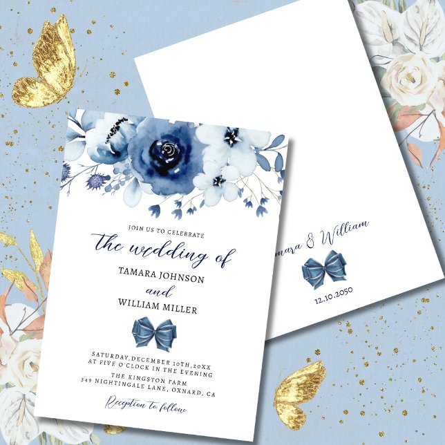Elegant Winter Dusty Blue Floral Wedding  Invitation (Creator Uploaded)