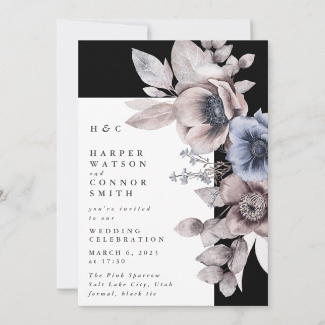 Elegant Winter Evening Black Floral Onyx Wedding Invitation (Front)