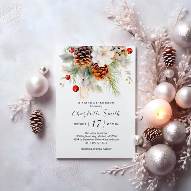 Elegant Winter Evergreen & Rowan Bridal Shower  Invitation (Elegant Winter Evergreen & Rowan Bridal Shower Invitation)
