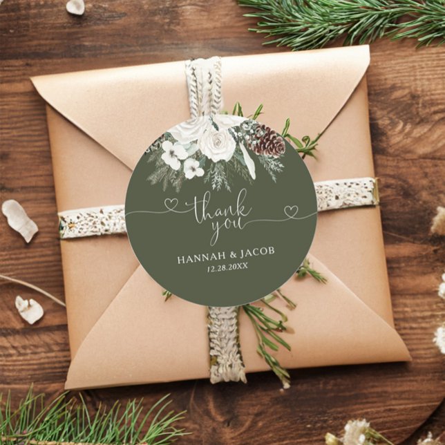 Elegant Winter Evergreen Wedding Favour Classic Round Sticker (Creator Uploaded)