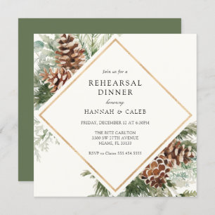 Elegant Winter Evergreen Wedding Rehearsal Dinner  Invitation