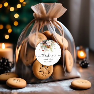 Elegant Winter Evergreen Wedding Thank You Classic Round Sticker
