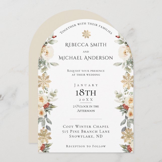 Elegant Winter Floral Arch Shaped Wedding Invitation (Front/Back)
