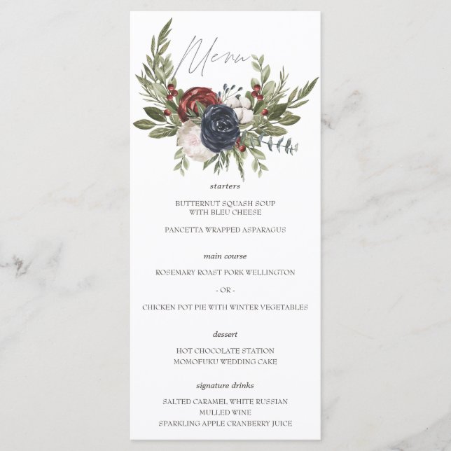 Elegant Winter Floral Boho Botanical Wedding Menu (Front)