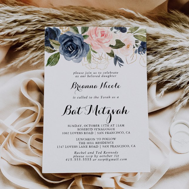 Elegant Winter Floral Calligraphy Bat Mitzvah Invitation (Creator Uploaded)