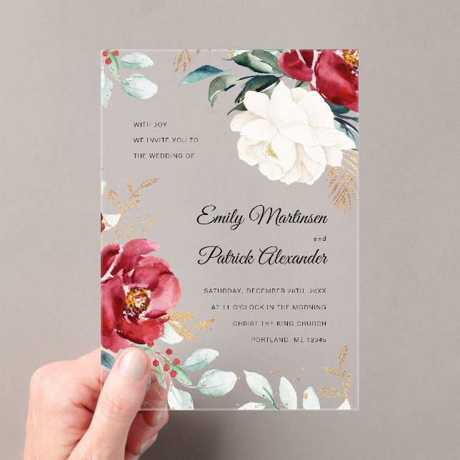 Elegant Winter Floral Christmas Wedding Acrylic Invitations (Insitu (Handheld))