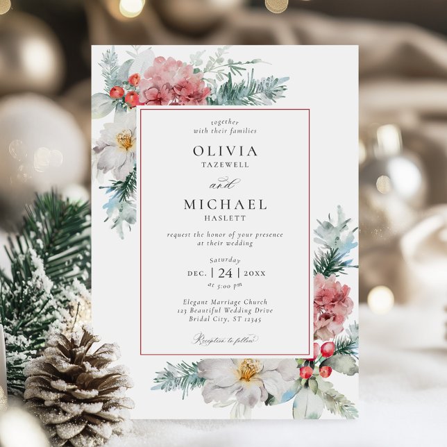 Elegant Winter Floral Christmas Wedding Invitation (Creator Uploaded)