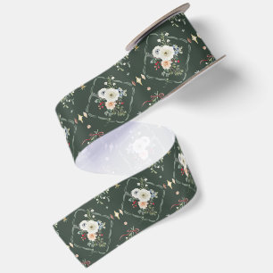 Elegant Winter Floral Dark Green Satin Ribbon